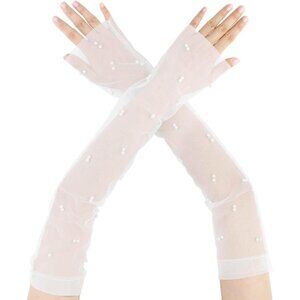 Women's White-2 Floral Pearl Polka Point Bow knot Lace Arm Sleeves Gloves Prom
